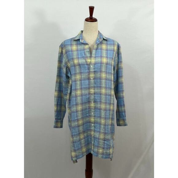 FRANK & EILEEN Sz S Small Blue Yellow Purple Plaid Linen Hunter Shirt Dress - Picture 8 of 9